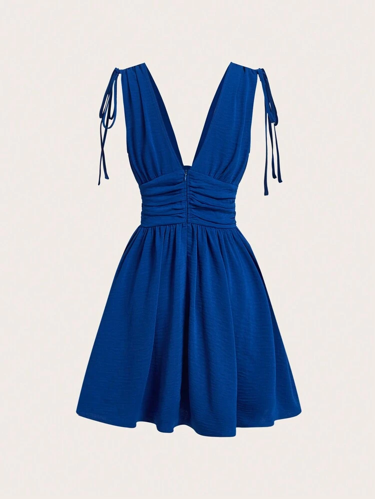 Women's Solid Color Deep V-Neck Sleeveless Dress With Waist Pleats