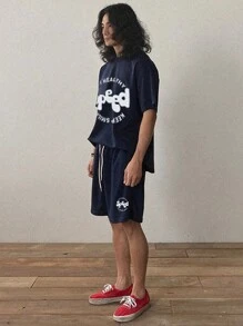 DAZY Men's Summer Letter Print T-Shirt And Shorts Set - Navy Blue - View 5