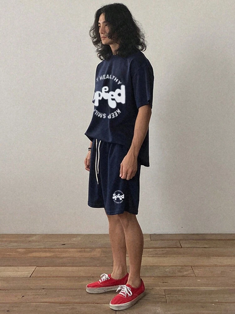 Men's Summer Letter Print T-Shirt And Shorts Set