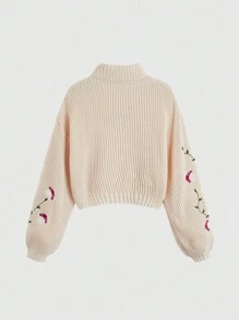 ROMWE Fairycore Mushroom Embroidery High Neck Sweater - Apricot - View 2