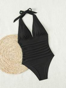 SHEIN Swim Summer Beach Solid Color Halter Neck One-Piece Swimsuit - Black - View 4