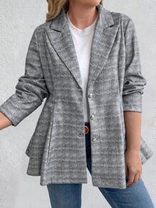 SHEIN Clasi 女性加大尺寸格紋翻領西裝外套 - 灰色 - 查看 1