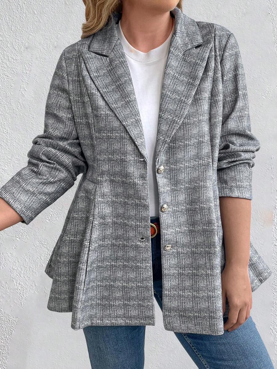 SHEIN Clasi 女性加大尺寸格紋翻領西裝外套 - 灰色 - 查看 1