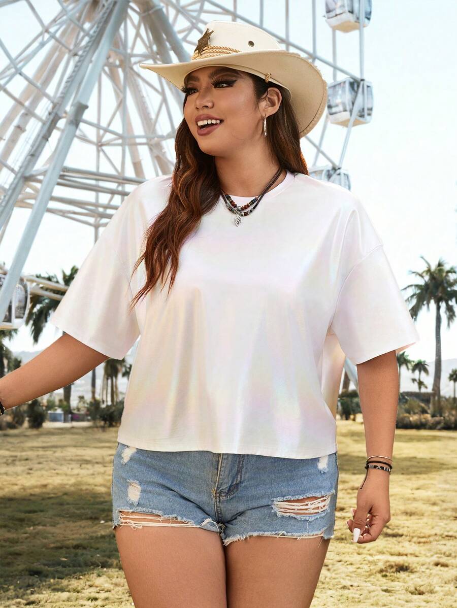 SHEIN EZwear Plus Size Color Coated Loose Music Festival T-Shirt - Silver - View 1