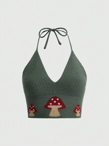 ROMWE Fairycore 蘑菇圖案後背繫帶吊脖針織上衣 - 綠色 - 查看 1