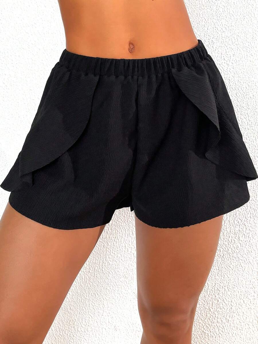 SHEIN Swim 2入組純色連體比基尼下著和沙灘短褲套裝,適用於夏季游泳 - 黑色 - 查看 1