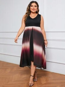 SHEIN Lady Plus Size Ombre Printed Patchwork Asymmetrical Hem Dress
