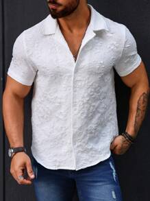 Manfinity Homme Áo sơ mi nam ngắn tay đơn có khuy Jacquard, kiểu dáng ôm vừa vặn toàn màu trắng cho chồng thường ngày - trắng - Xem 6