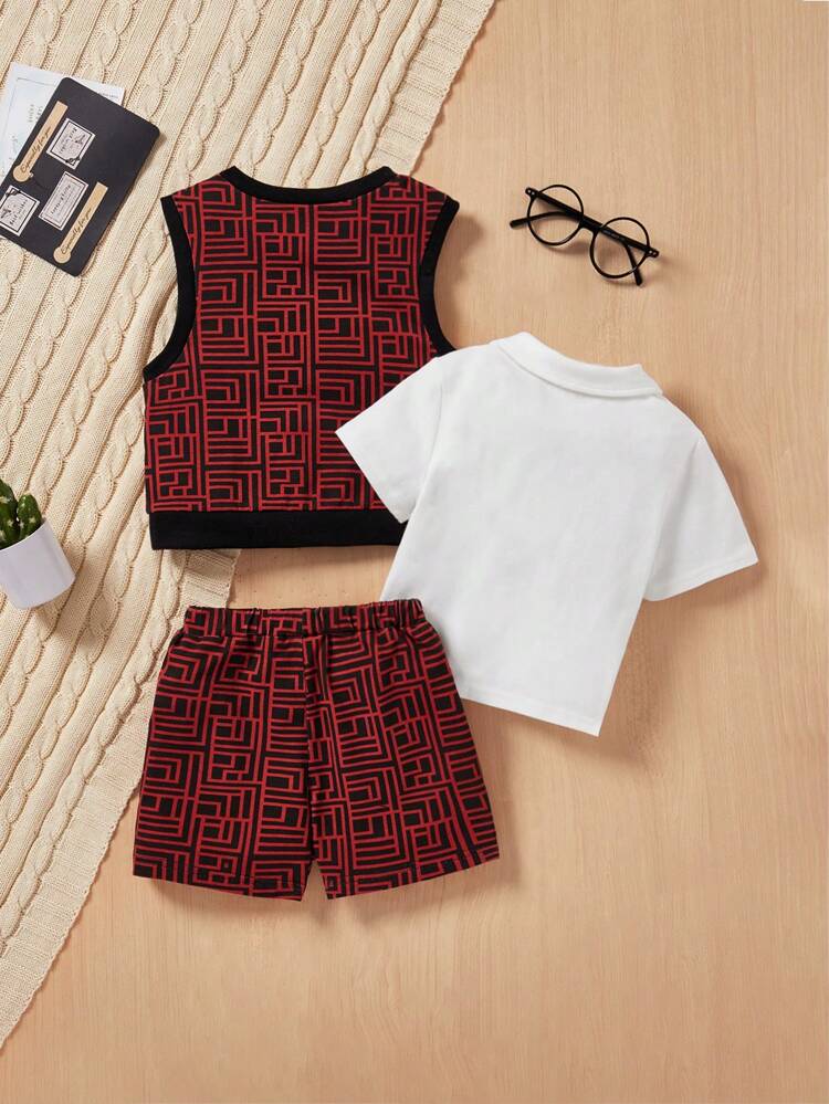 Baby Boy's Comfortable Casual Set, 3pcs Including Printed Vest, Short-Sleeved Polo Shirt, And Shorts In Geometric Pattern