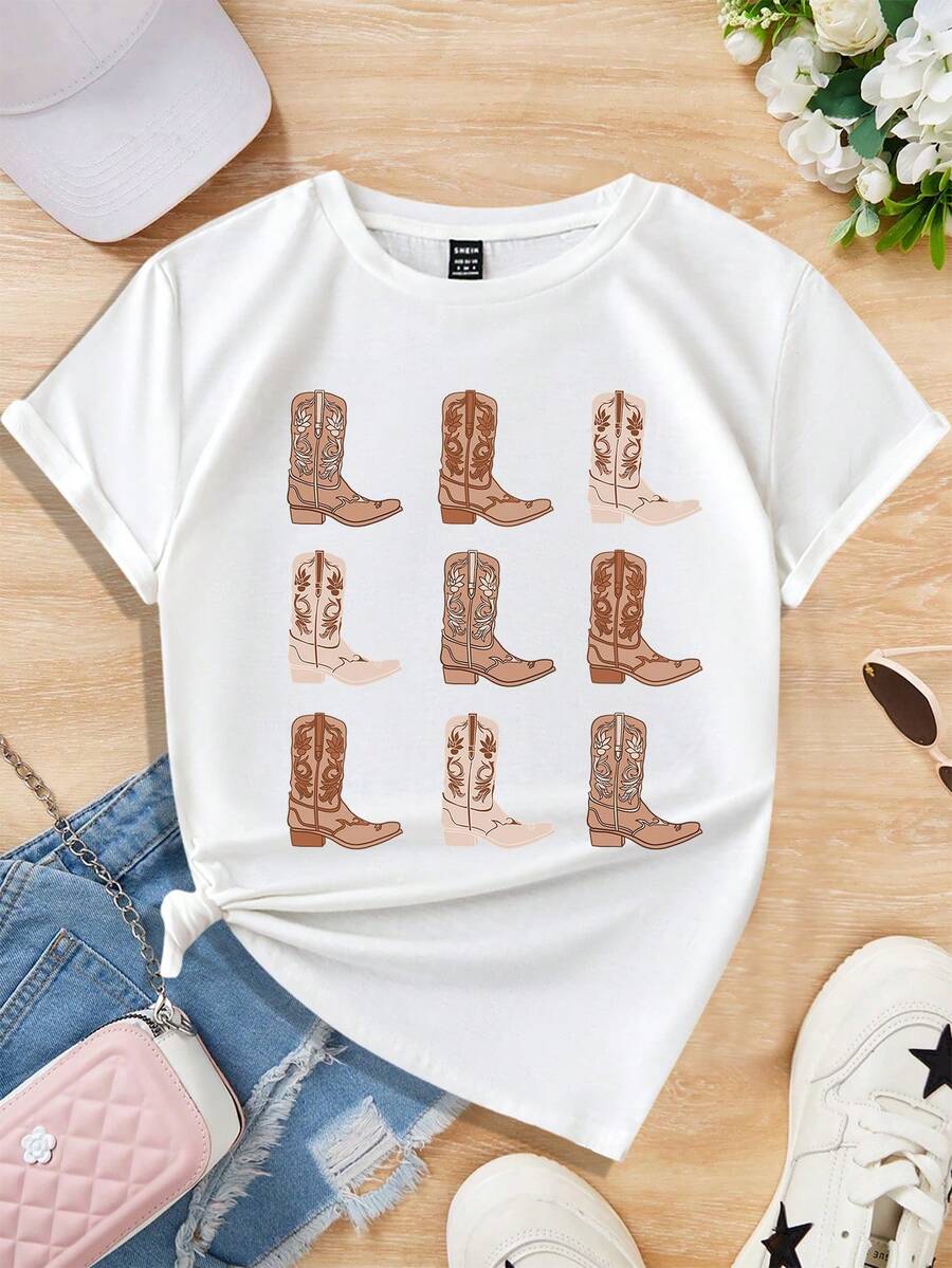 SHEIN LUNE Của phụ nữ Kích thước lớn Giải trí Giày Boots Cowboy Mẫu Vòng cổ Ngắn tay Áo thun , Lỏng lẻo phù hợp - trắng - Xem 1