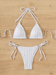 Solid Color Textured Bikini Set Summer Beach - White - View 5