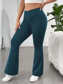 SHEIN EZwear Pantalón De Pierna Acampanada De Color Sólido Para Primavera En Tallas Grandes - Neblina azul - Ver 3