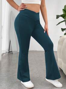 SHEIN EZwear Pantalón De Pierna Acampanada De Color Sólido Para Primavera En Tallas Grandes - Neblina azul - Ver 5