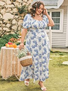Dreamara 加大碼浪漫鄉村藍色花卉印花氣泡袖開叉連衣裙，沐浴夏日海灘假期氛圍 - 彩色 - 查看 4