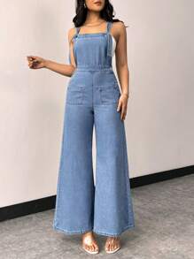 SHEIN Privé Women's Denim Overalls Wide Leg Pants With Double Pocket - Light Wash - View 1