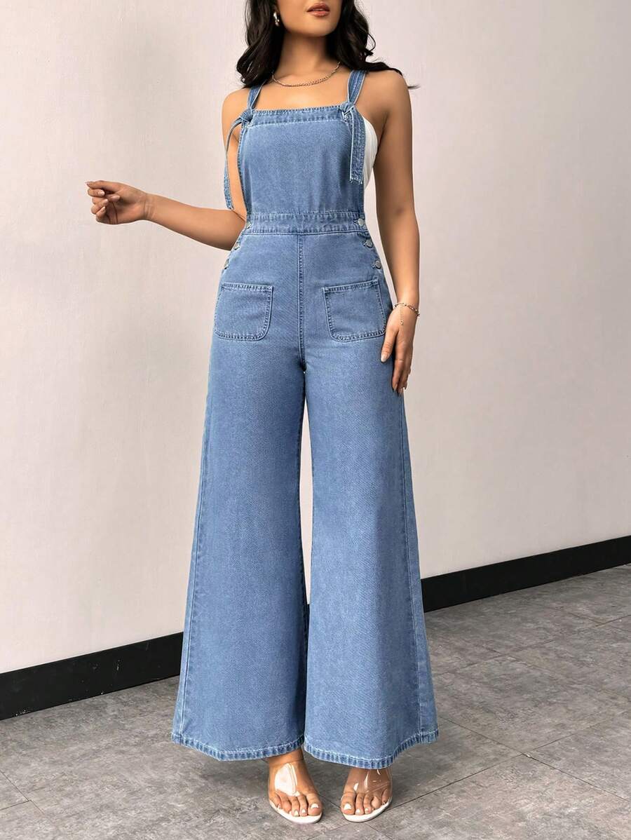 SHEIN Privé Women's Denim Overalls Wide Leg Pants With Double Pocket - Light Wash - View 1