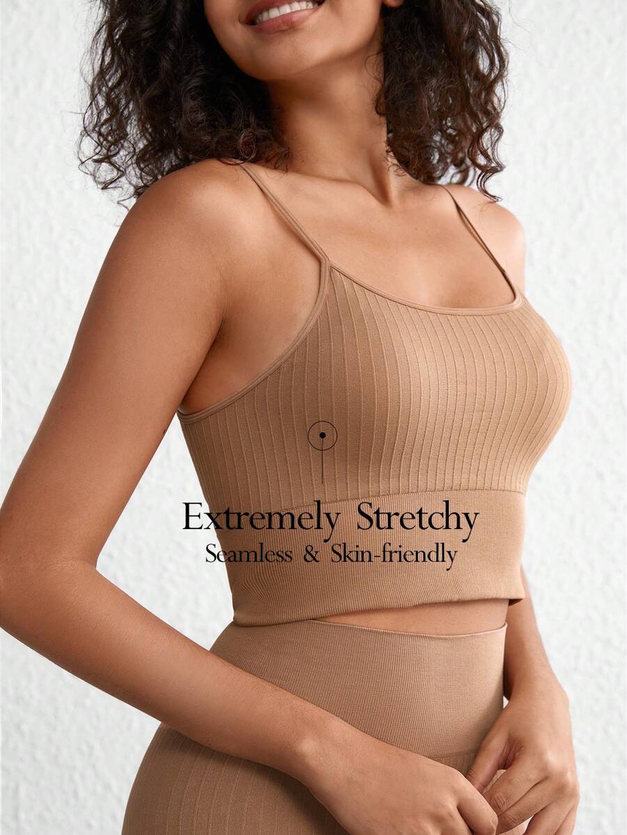 Ocili Leisure Extremely Stretchy Seamless & Skin-Friendly Non-Removable Padding Comfortable Solid Wide Rib Women Tops Khaki - Khaki - View 1