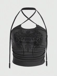 ROMWE Grunge Punk Cross & Wings Print Crisscross Halter Top, School - Mörkgrå - Visa 1