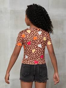 SHEIN 少女日常休閒愛心波點印花短袖圓領T恤，適用於春夏季節 - 彩色 - 查看 2