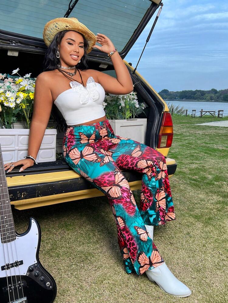Plus Size Butterfly Print Flared Leggings