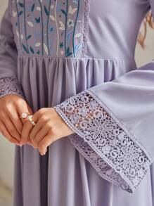 Mulvari Women'S Floral Embroidery Lace Patchwork Waist-Cinching Dress Eid Dress - Dusty Purple - View 8