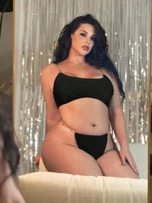 SHEIN Swim Curve Summer Beach Plus Size Women's Thong Bikini Set - Black - View 5