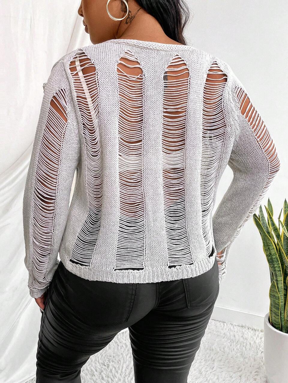 Plus Size Women's Hollow Out Long Sleeve Front Tie Cardigan