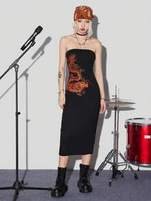 SHEIN Coolane Chinese Dragon Printed Strapless Dress - Red - View 7