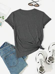 SHEIN EZwear Của phụ nữ Lá thư In Vòng cổ Áo thun - Xám - Xem 2