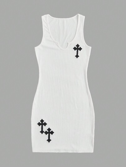 Grunge Punk Cross Embroidery Notched Neckline Bodycon Dress, School