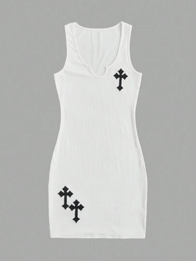ROMWE Grunge Punk Cross Embroidery Notched Neckline Bodycon Dress, School