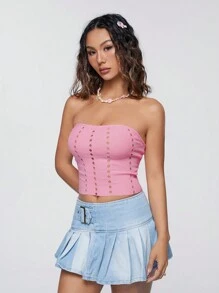 SHEIN Qutie Hollow Out Strapless Women's Knit Top - Pink - View 4