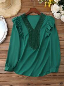 Mulvari Plus Size Lace Patchwork Ribbon & Ruffle Trimmed Blouse - Green - View 1