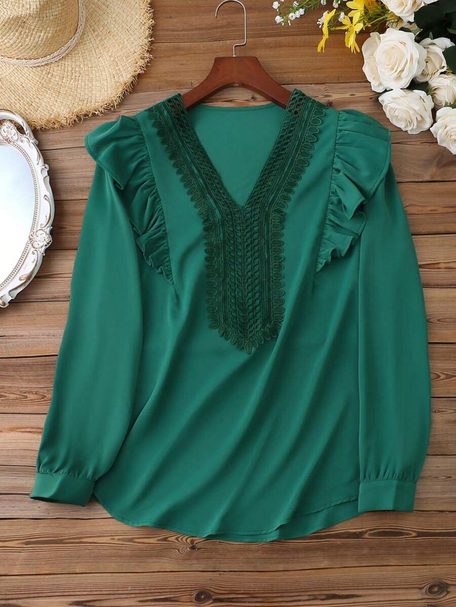 Mulvari Plus Size Lace Patchwork Ribbon & Ruffle Trimmed Blouse - Green - View 1