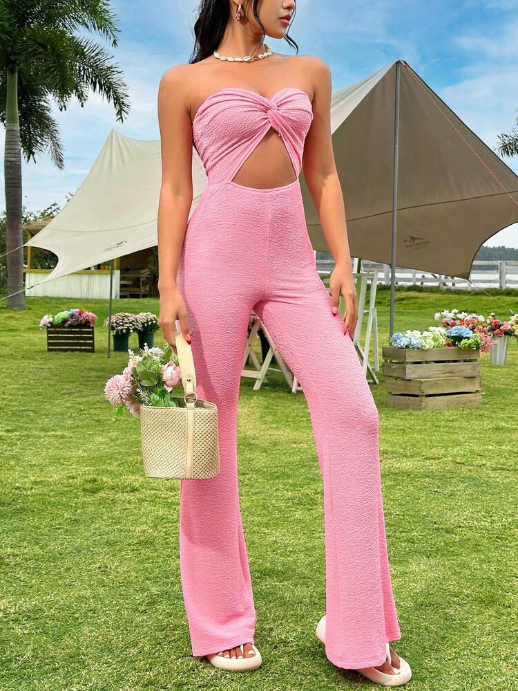 Solid Color Hollow Out Twist Front Strapless Jumpsuit
