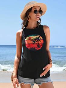 SHEIN Maternity Coconut Tree Printed Round Neck Sleeveless Tank Top - Black - View 4