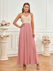 SHEIN Belle 閃亮拼接腰帶褶皺寬腿派對連身褲 - 粉色 - 查看 6