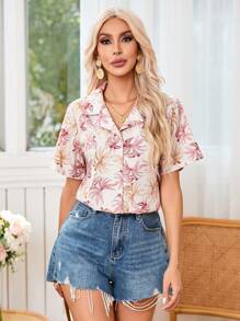 GENKIRA Women's Short Sleeve Shirt With Random Prints And Lapel Collar For Summer - Pink - View 4