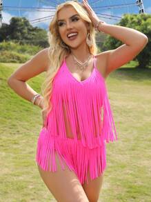 Swim EVENT Tankini costume da bagno da donna con spalline a spaghetti e frange, colore rosa caldo, adatto per festival musicali estivi