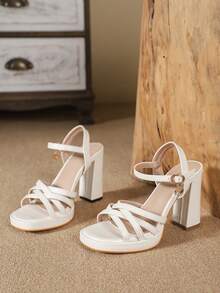 女性高跟涼鞋,厚底粗跟白色優雅風格萬能經典舒適夏季涼鞋 - 白色 - 查看 2