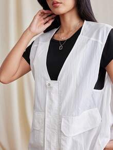 Manfinity Unisex 帶翻蓋口袋拉鍊開衫無袖休閒馬甲,織物面料 - 杏色 - 查看 6