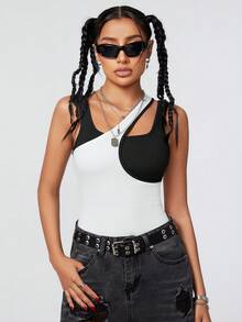 SHEIN Coolane 女士色塊拼接解構袖短連身衣 - 黑與白 - 查看 3