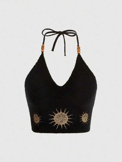 Hippie Top de punto con patrón de sol halter