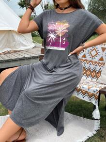 Breezaya 大码波西米亚风女式短袖连衣裙，带棕榈树和字母印花，适合夏季 - 灰色 - 查看 4