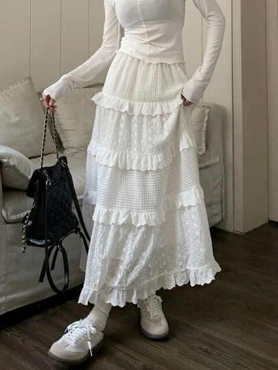 純色分層荷葉邊透視裙