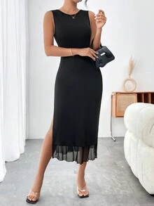 SHEIN Privé Váy xẻ lưng thấp màu trơn - màu đen - Xem 5