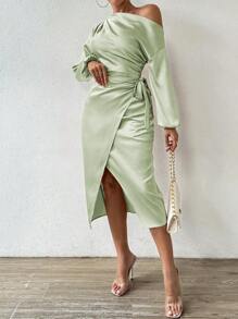 Chiquease Của phụ nữ Bất đối xứng Đường viền cổ áo Xếp li Mặt trước Viền mép Đầm Midi - màu xanh lá - Xem 4