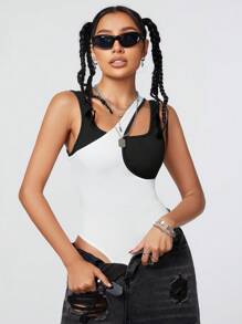 SHEIN Coolane 女士色塊拼接解構袖短連身衣 - 黑與白 - 查看 1