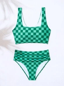 Summer Beach Women's Checkered Print Bikini Set, Vacation Bikini Set - Green - View 4