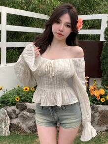 DAZY Women's Off Shoulder Flare Sleeve Tie Waist Shirt,Ruffle,Babydoll Top,Fall Women Clothes Long Sleeve Top - Beige - View 6